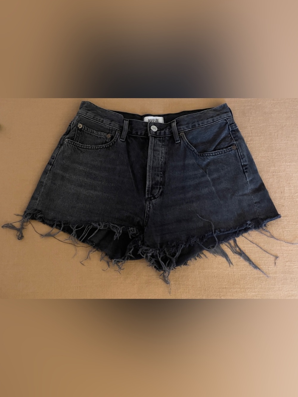 Agolde Black Frayed Hem Denim Cutoff Shorts